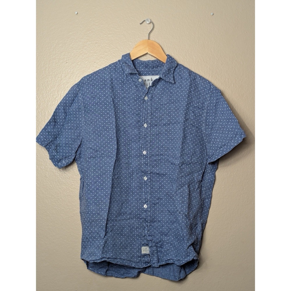 Frank & Eileen Linen Shirt Mens M Blue Polka Dot Short Sleeve USA